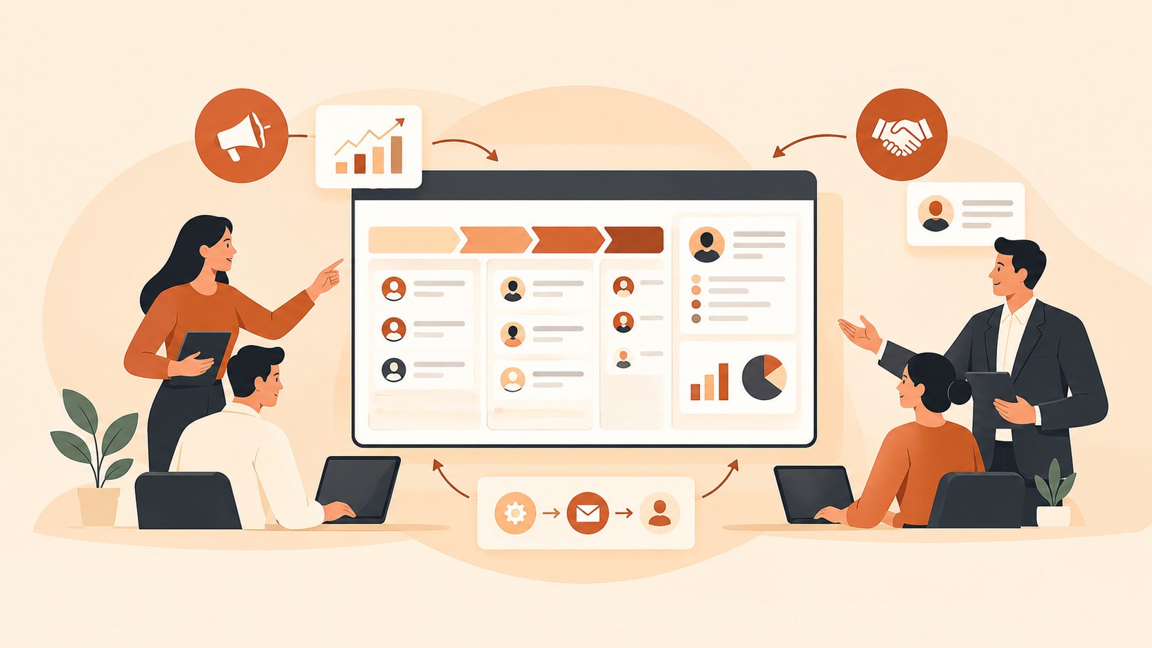 Sales and marketing teams collaborating through a shared HubSpot CRM dashboard to manage leads, automate workflows, and track performance.